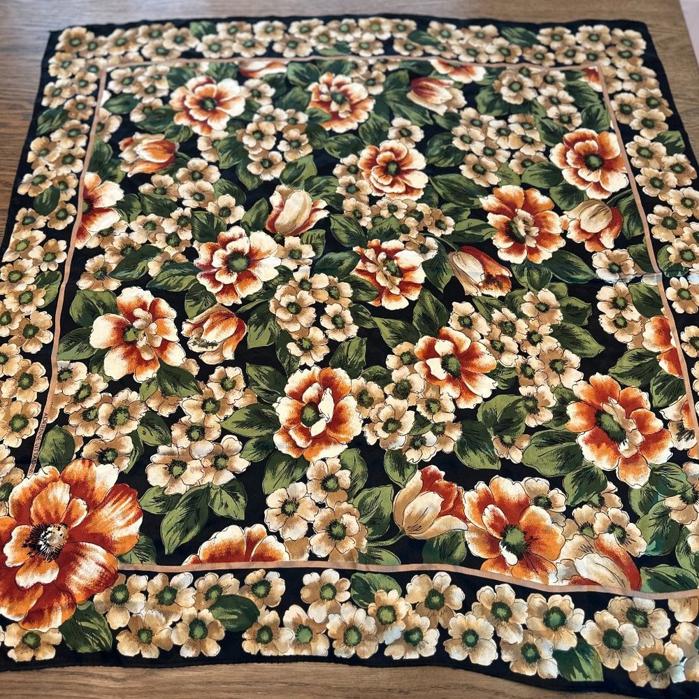 Vintage Adrienne Vittadini 100% Silk Black Green Orange Floral Scarf 34x34